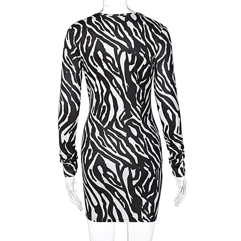 Zebra Print Long Sleeve V-Neck Bandage Sexy Mini Dress