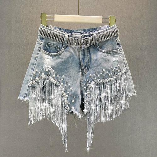 Shorts Tassel Beading High Waist Wide Leg Denim Shorts