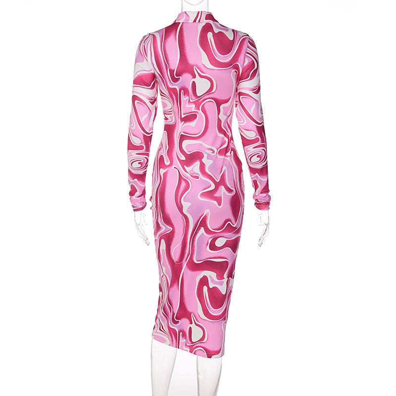 Long Sleeve Printed Bodycon Pink Pencil Midi Dress