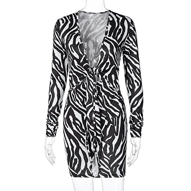 Zebra Print Long Sleeve V-Neck Bandage Sexy Mini Dress