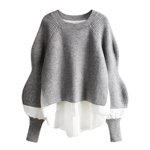 Knit Sweater Women Winter Fake Two-piece Fashion Loose Round Neck