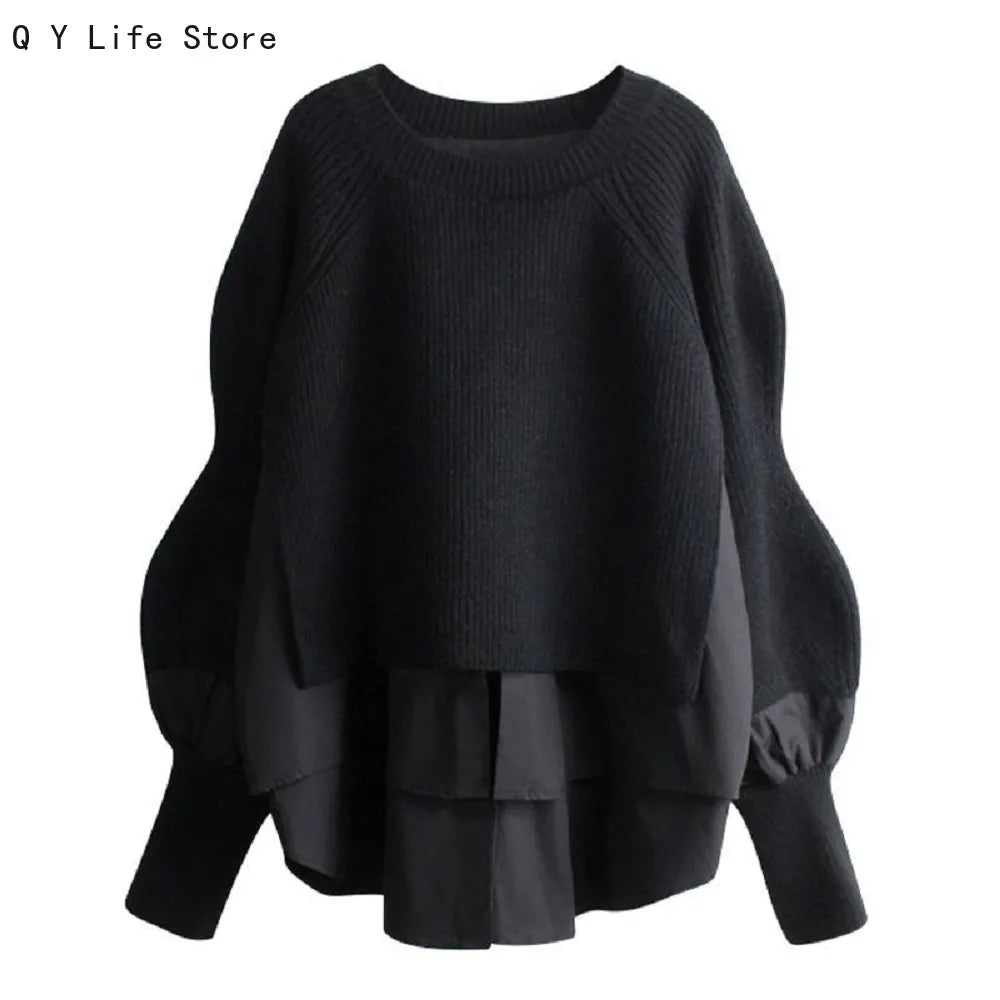 Knit Sweater Women Winter Fake Two-piece Fashion Loose Round Neck