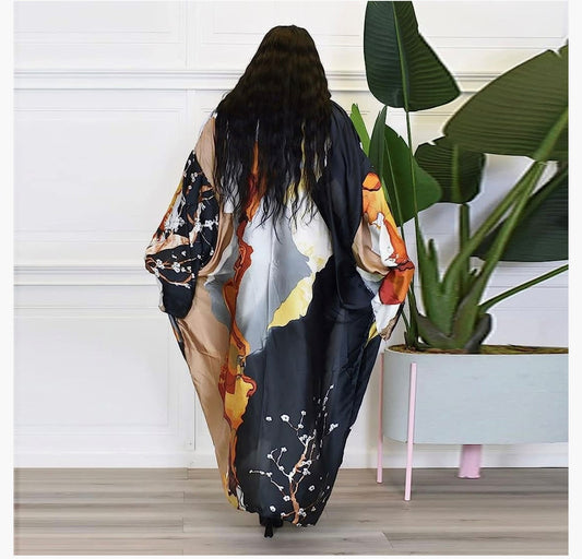 Floral Print Satin Robe Kimono Cardigan Open Front Long Cover Ups Outerwear One Size