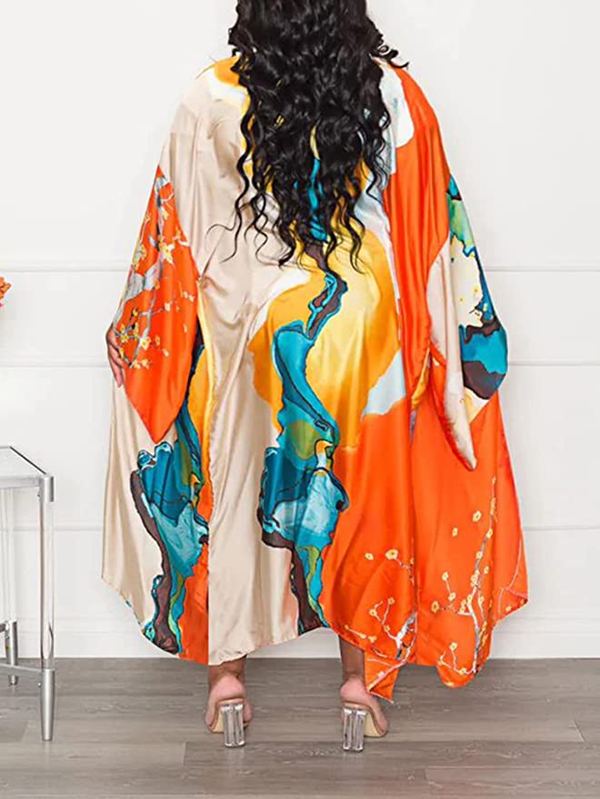 Floral Print Satin Robe Kimono Cardigan Open Front Long Cover Ups Outerwear One Size