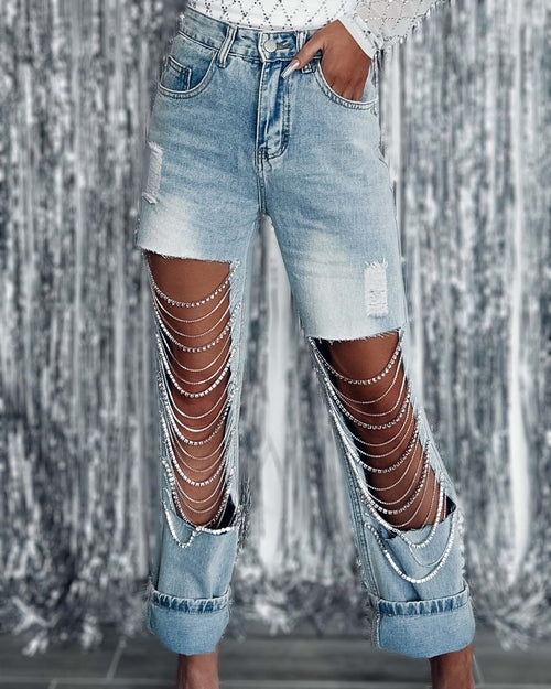 Ripped Jeans Women's Chain Hanging Ornament