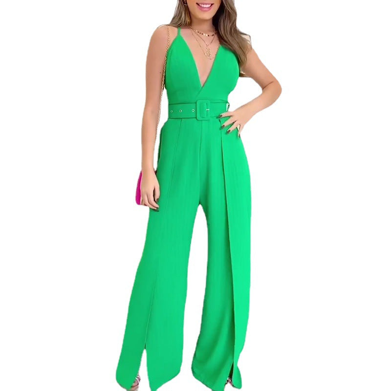 V-neck High-waisted Jumpsuit with Split Wide Leg Pants with Belt