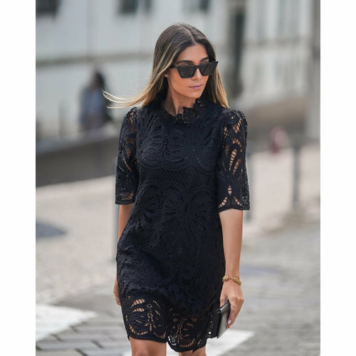 Loose Fit Stand Collar Mid-sleeve Casual Lace Dress