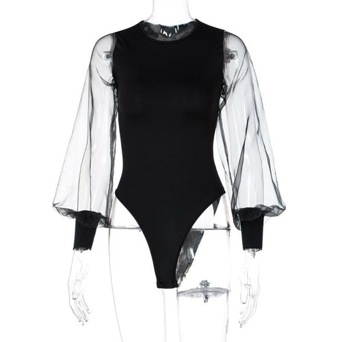 Patchwork Mesh Sleeve Women Bodysuit