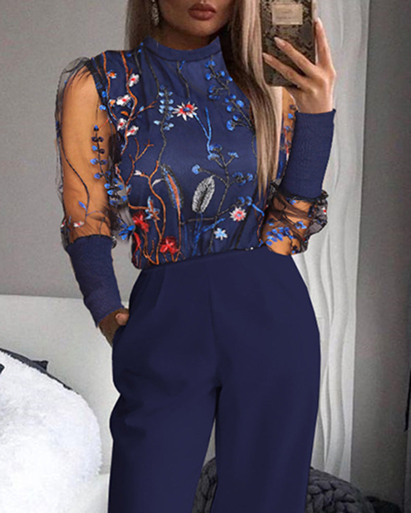  Sheer Mesh Floral Long Sleeve Patchwork Jumpsuit