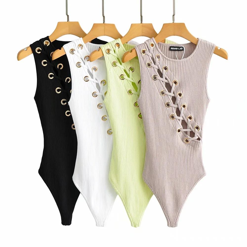 Women Sexy Sleeveless Lace=up Bodysuit