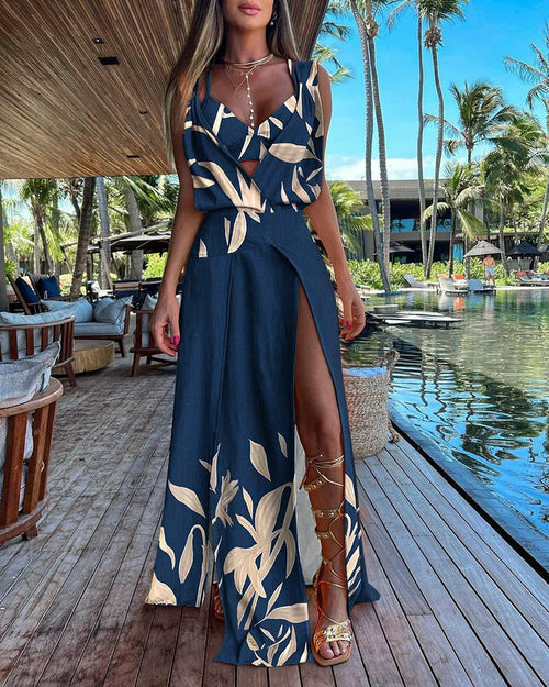 Summer sleeveless V-neck print split dress