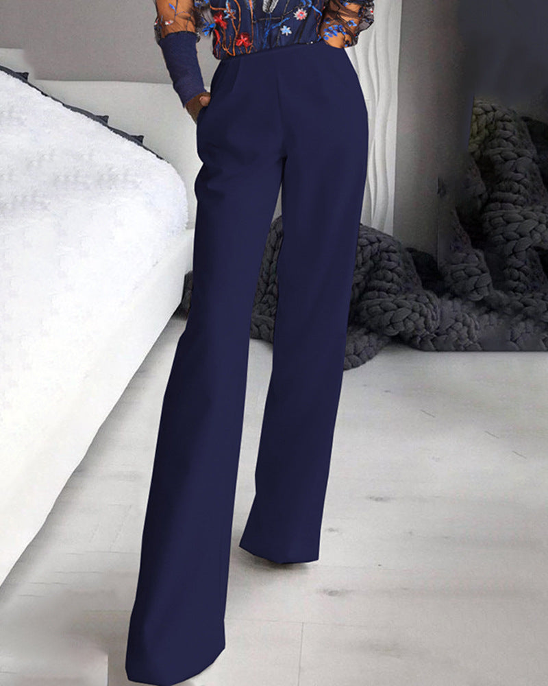  Sheer Mesh Floral Long Sleeve Patchwork Jumpsuit