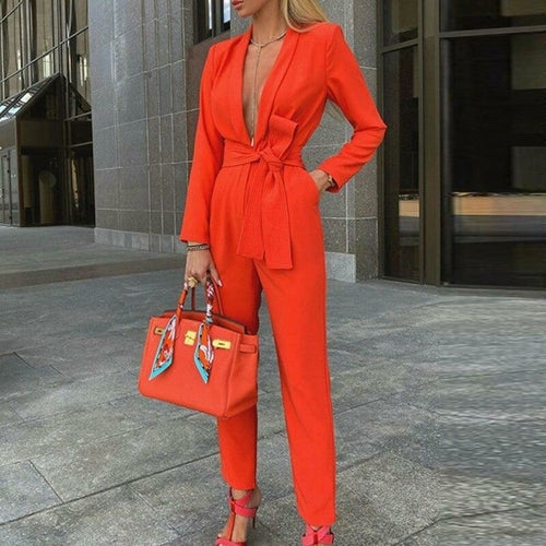 Office Lady Deep V Neck Jumpsuit Party RomperLong Sleeve Knot Side