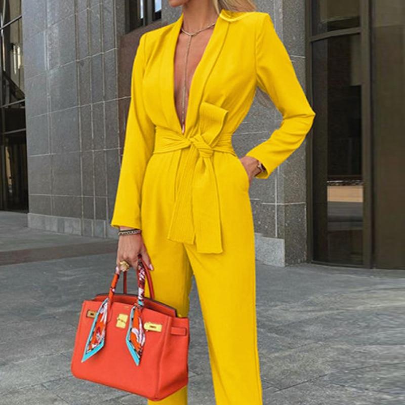 Office Lady Deep V Neck Jumpsuit Party RomperLong Sleeve Knot Side