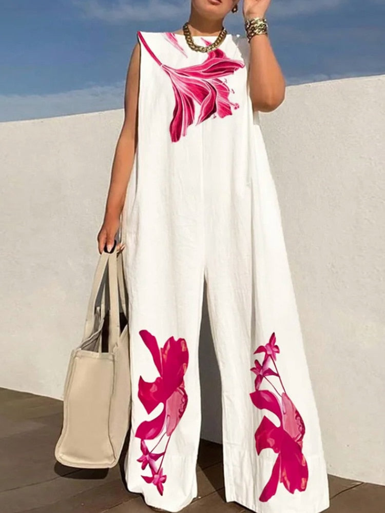 Printed Playsuits New Loose Fit Loungewear Sleeveless Jumpsuit