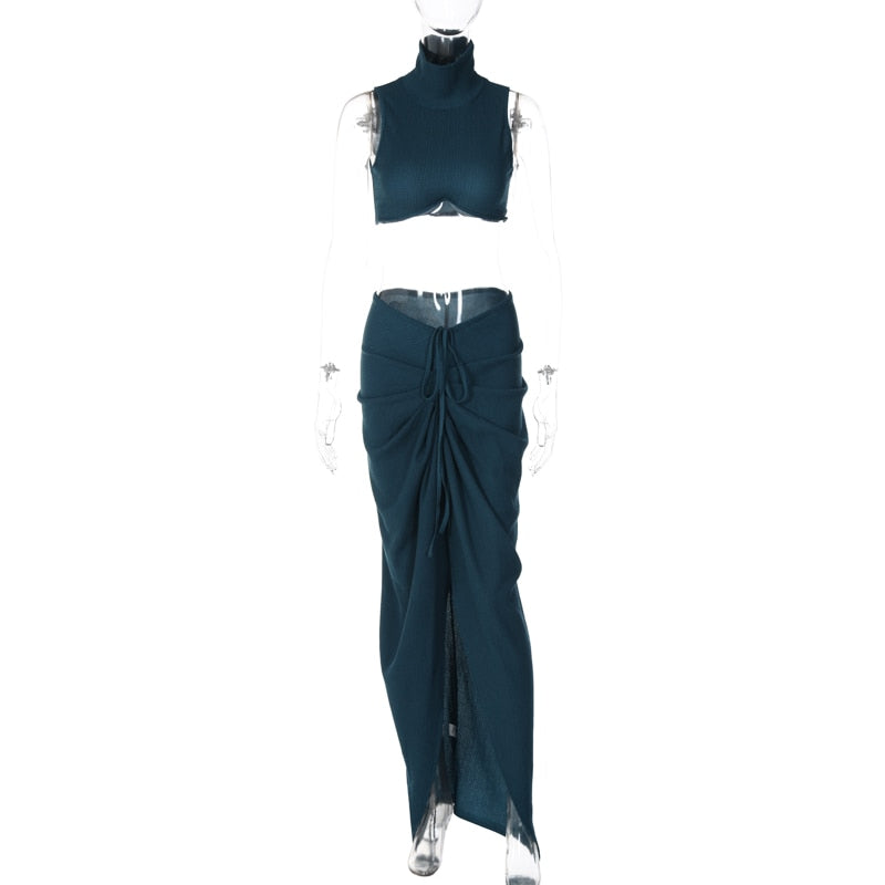High Waist Slit Ruched 2 Piece Skirt with Sleeveless Crop Top