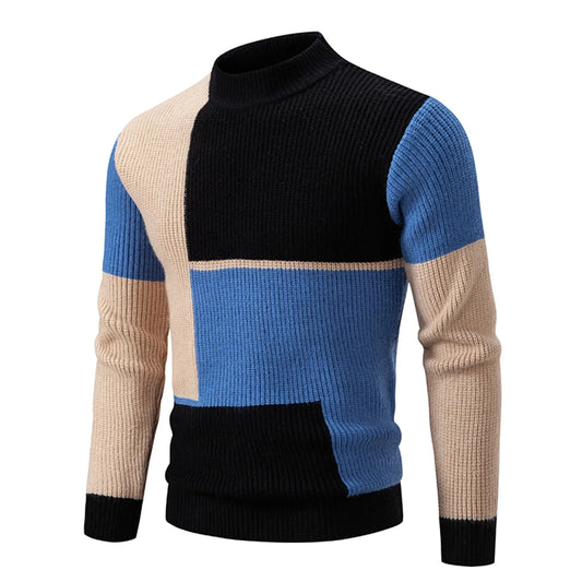 Men Sweater 2023 Summer Contrast Color Knitted long Sleeve Round Neck