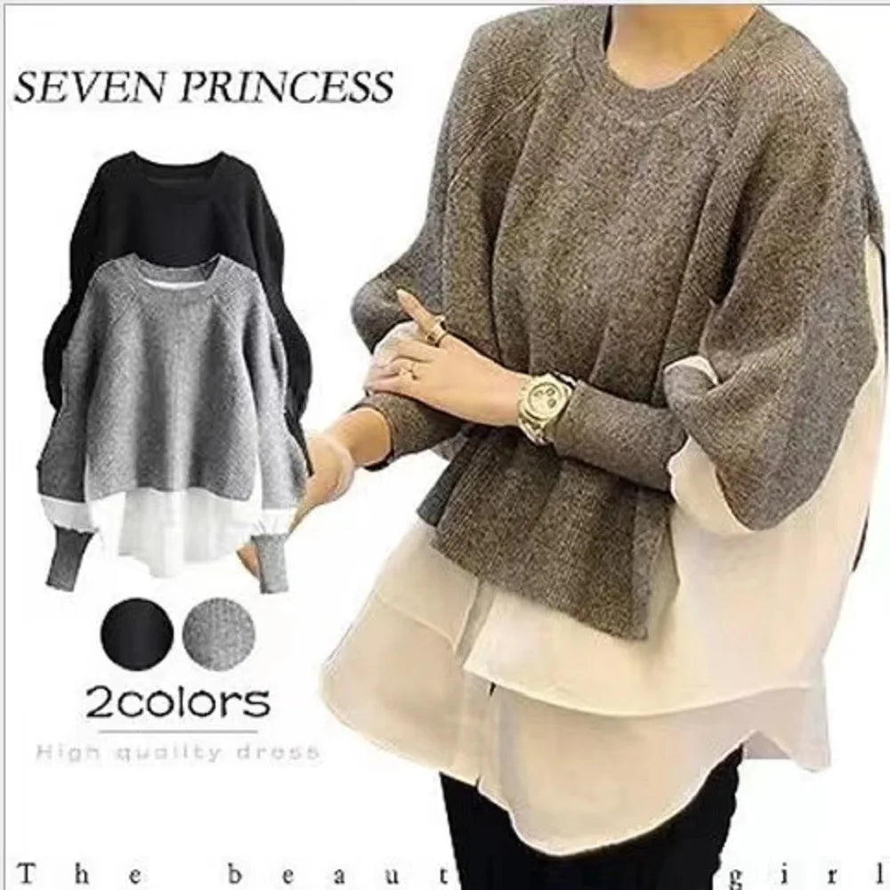 Knit Sweater Women Winter Fake Two-piece Fashion Loose Round Neck