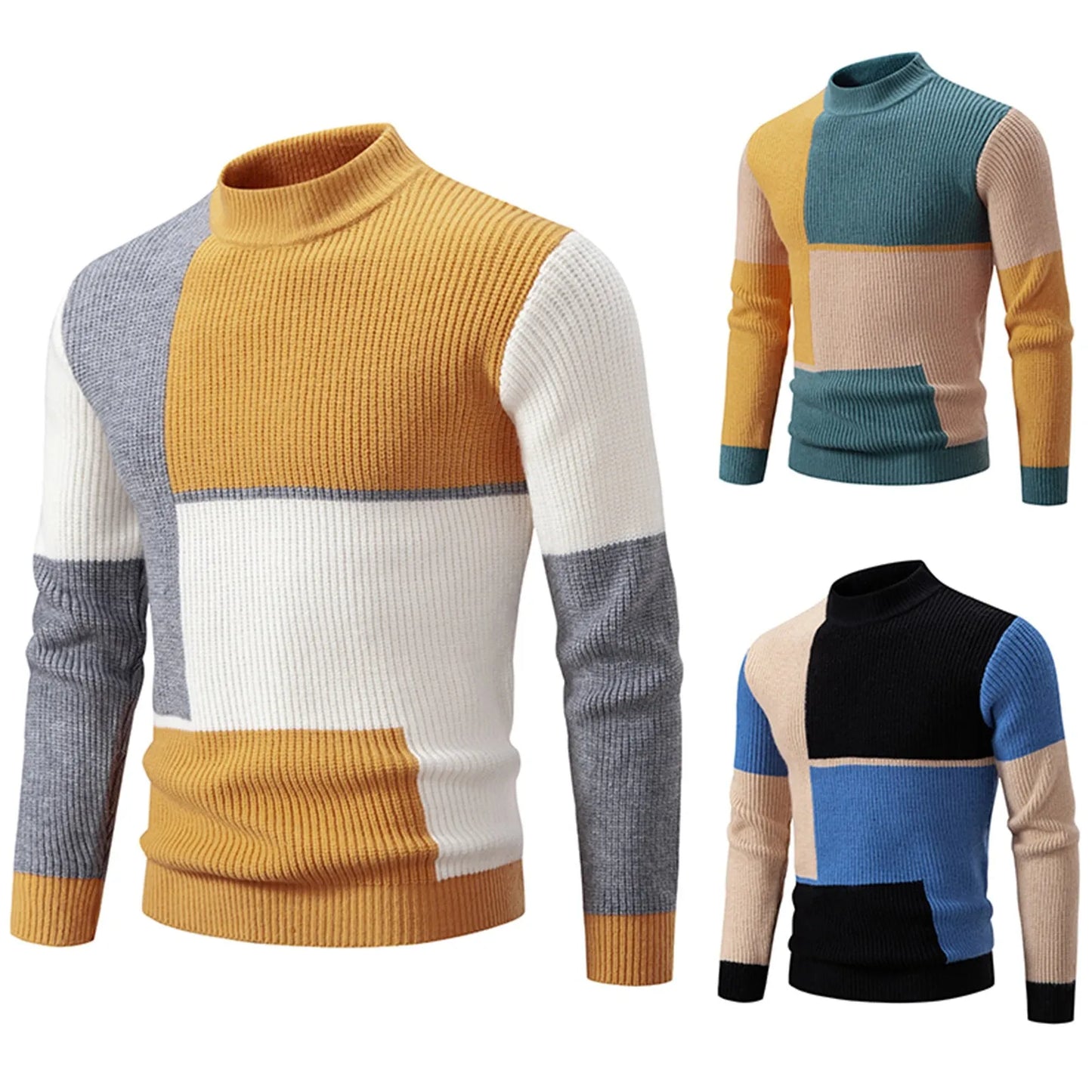 Men Sweater 2023 Summer Contrast Color Knitted long Sleeve Round Neck