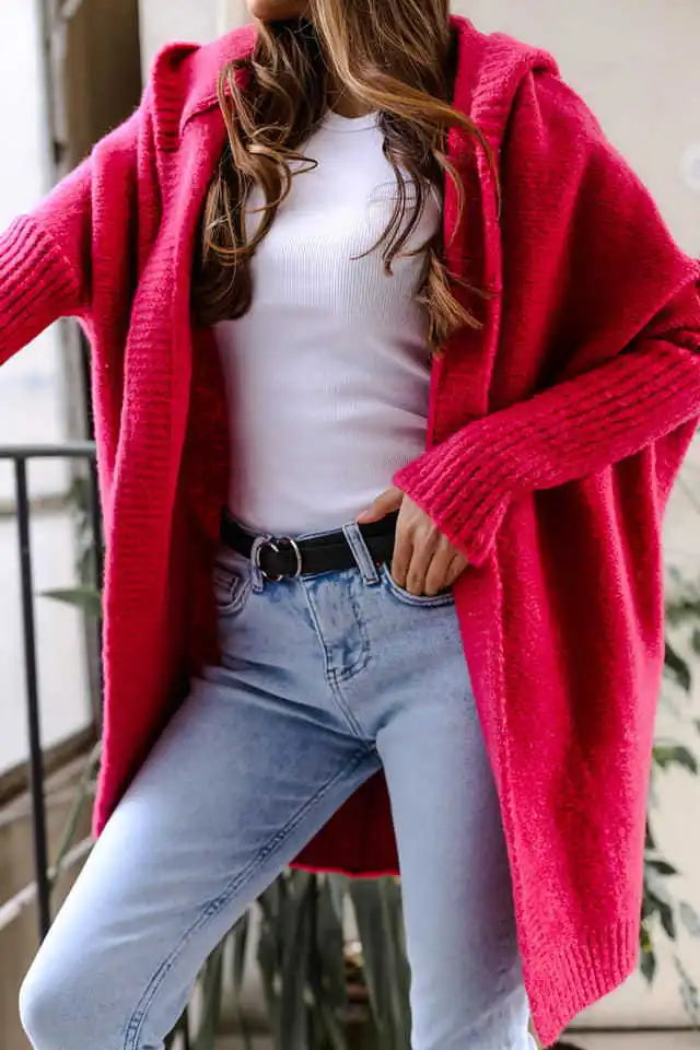 Elegant Long Hoodies Cardigan for Women Sweater Office Knitwears Red