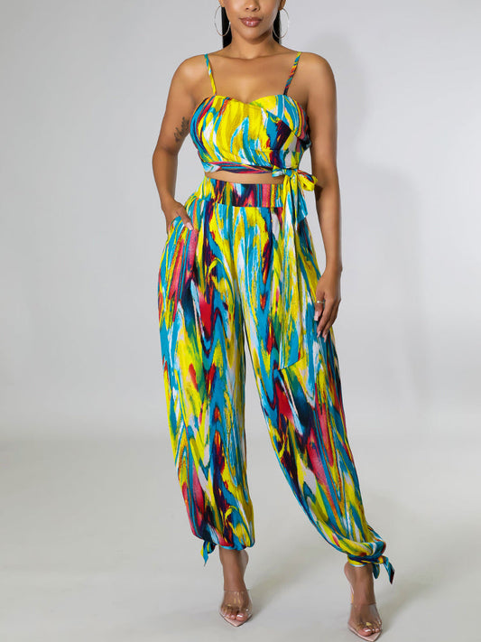 Casual Tie Dye Printed Suits Spaghetti Strap Crop Top & Loose Pants