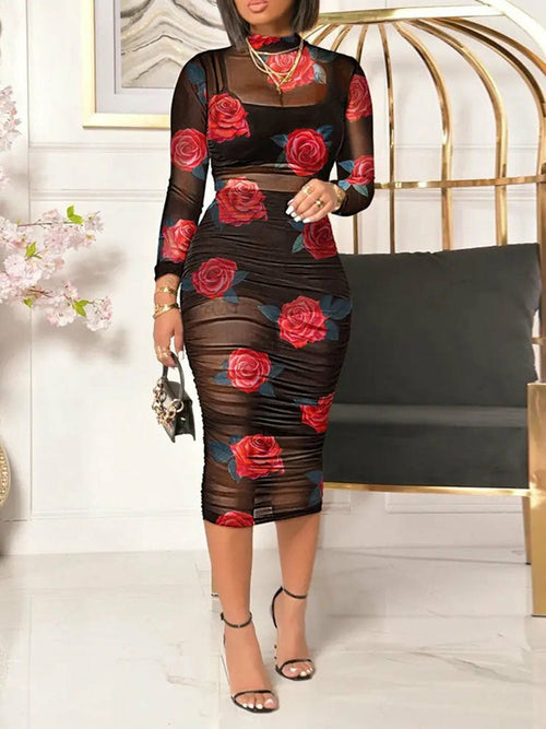 See-Through Mesh Outfits Rose Print Office Draped Bodycon Dress Set