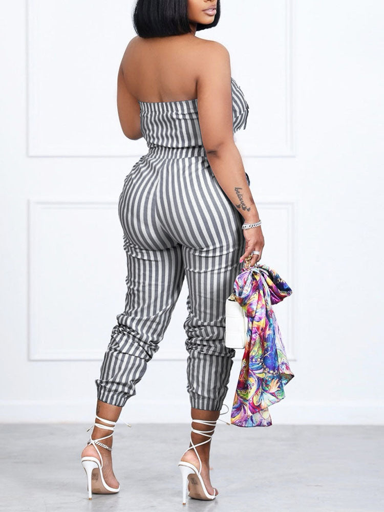 Casual Striped Jumpsuit Slim Zipper Front Tube Jumpsuit Overalls