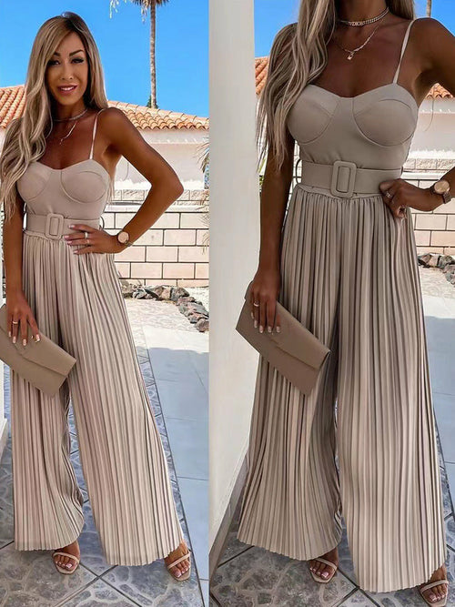 Solid Pleated Jumpsuit Loose Wide Leg Beach Romper Overall