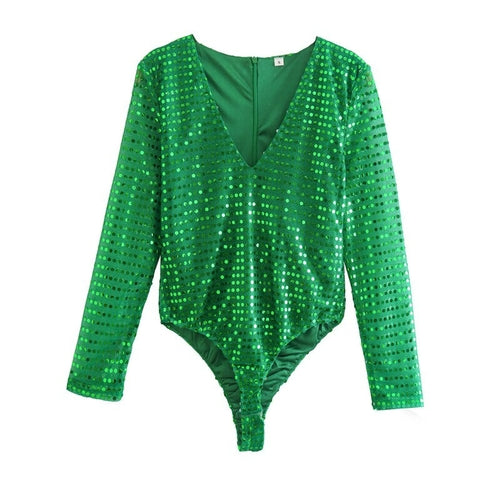 Solid Green Sequined Skinny Playsuit Women Fashion Spring Long Sleeve