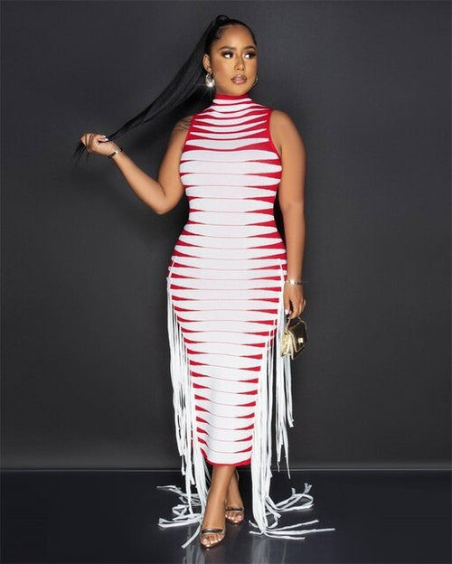 Striped Fringed Tassel Body shaping Maxi Dress Women Sleeveless Party