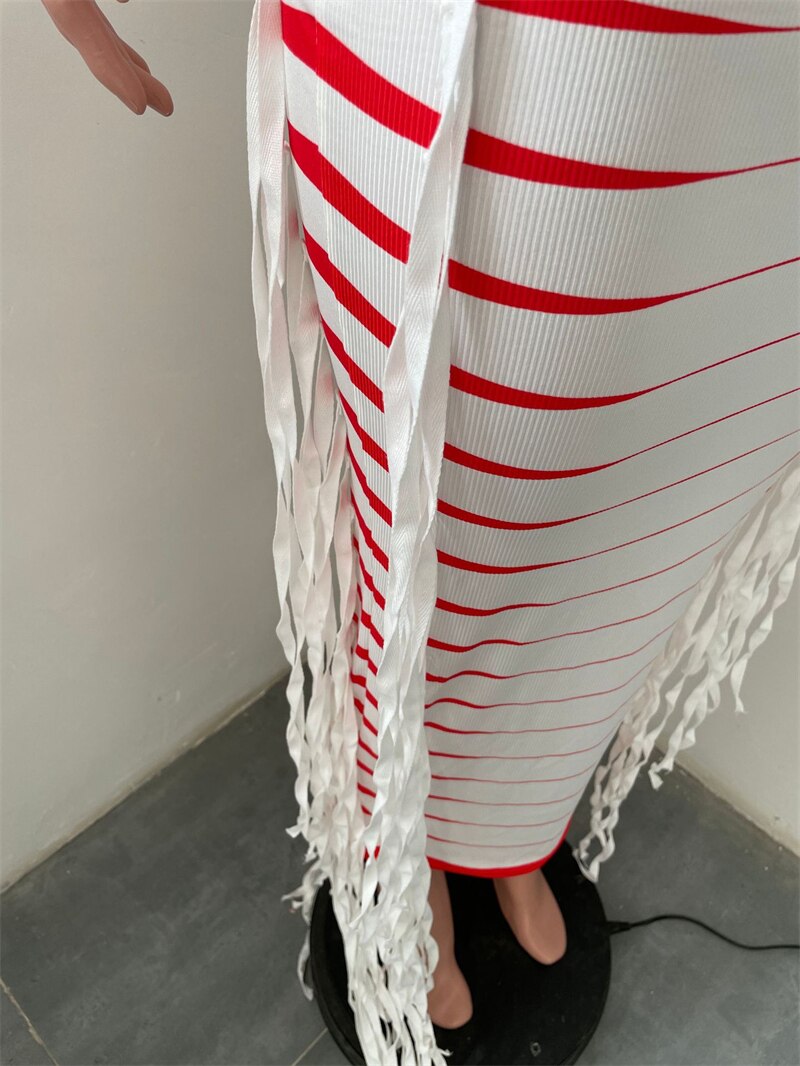 Striped Fringed Tassel Body shaping Maxi Dress Women Sleeveless Party