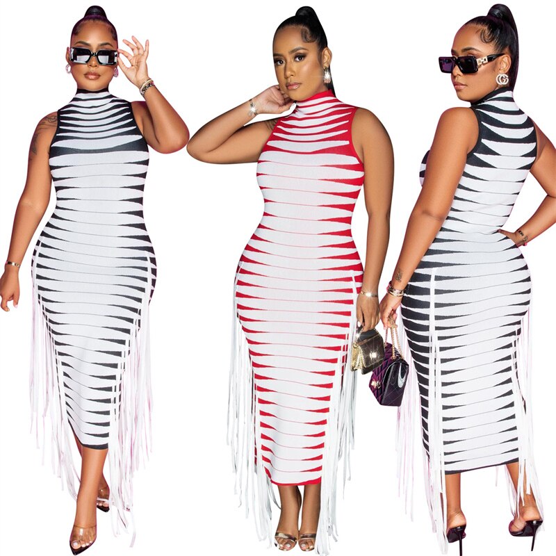 Striped Fringed Tassel Body shaping Maxi Dress Women Sleeveless Party