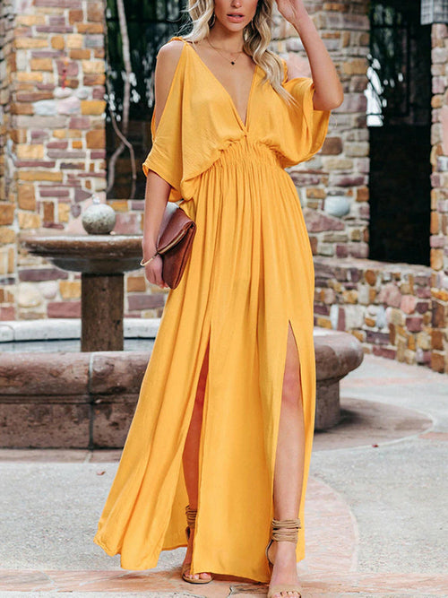 Hollow Half Sleeve Solid Loose Backless Party Long Dress