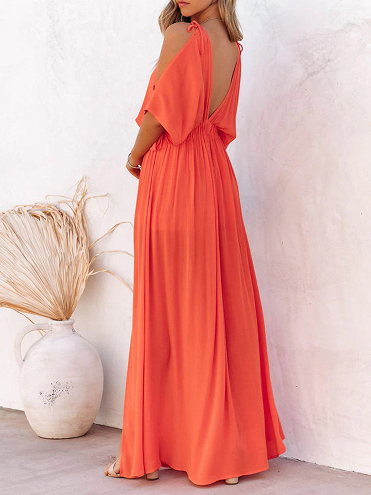 Hollow Half Sleeve Solid Loose Backless Party Long Dress