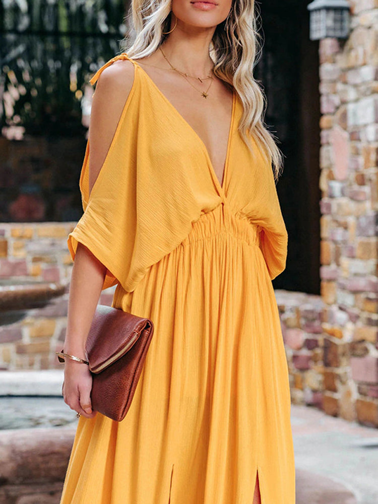 Hollow Half Sleeve Solid Loose Backless Party Long Dress