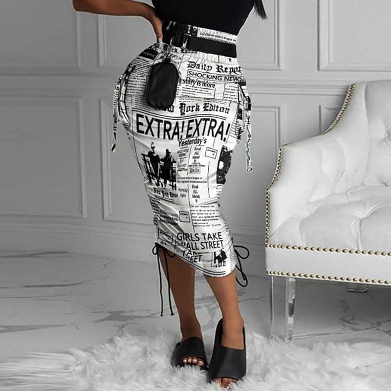 Summer Midi Skirt Women  High Waist Pockets Newspaper Print Drawstring