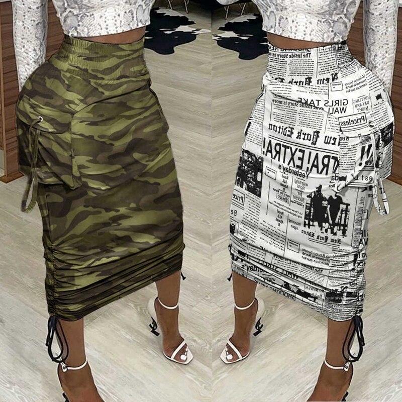 Summer Midi Skirt Women  High Waist Pockets Newspaper Print Drawstring