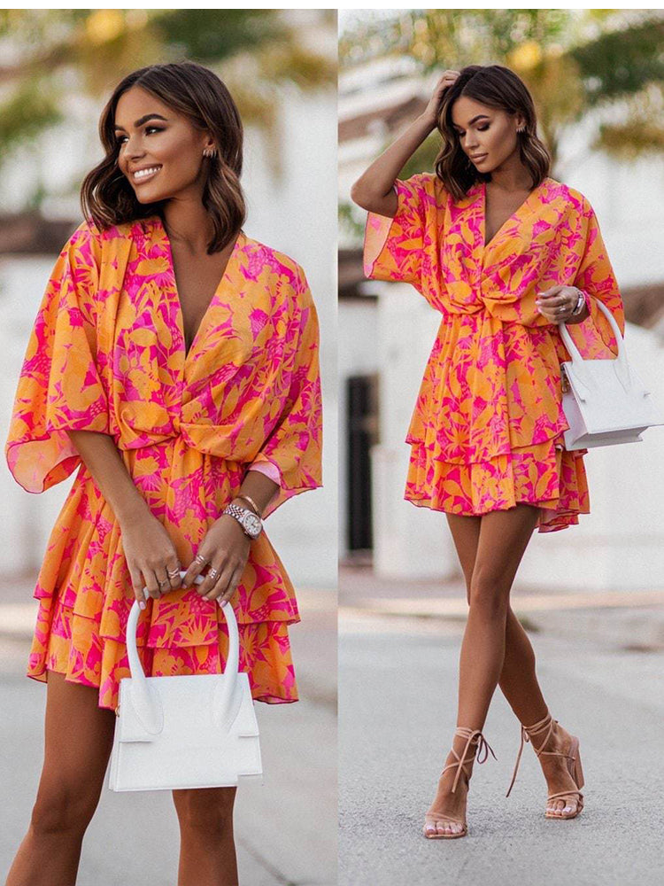 V-neck Batwing Sleeve Beach Party Mini Dress