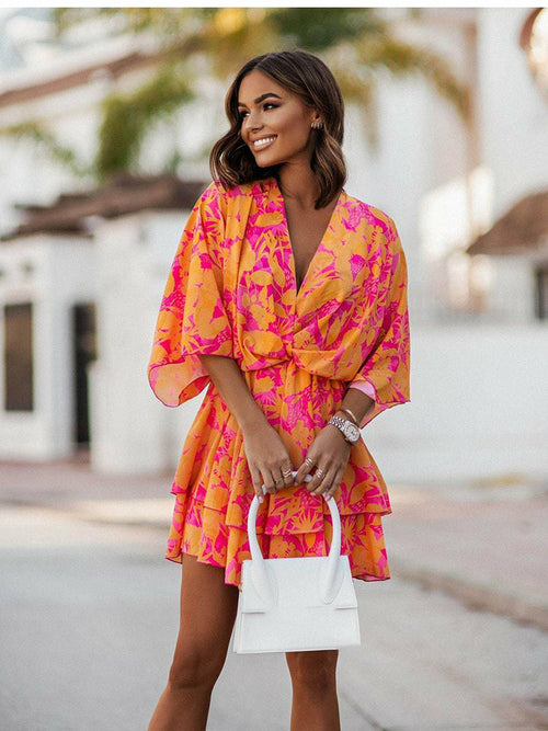 V-neck Batwing Sleeve Beach Party Mini Dress