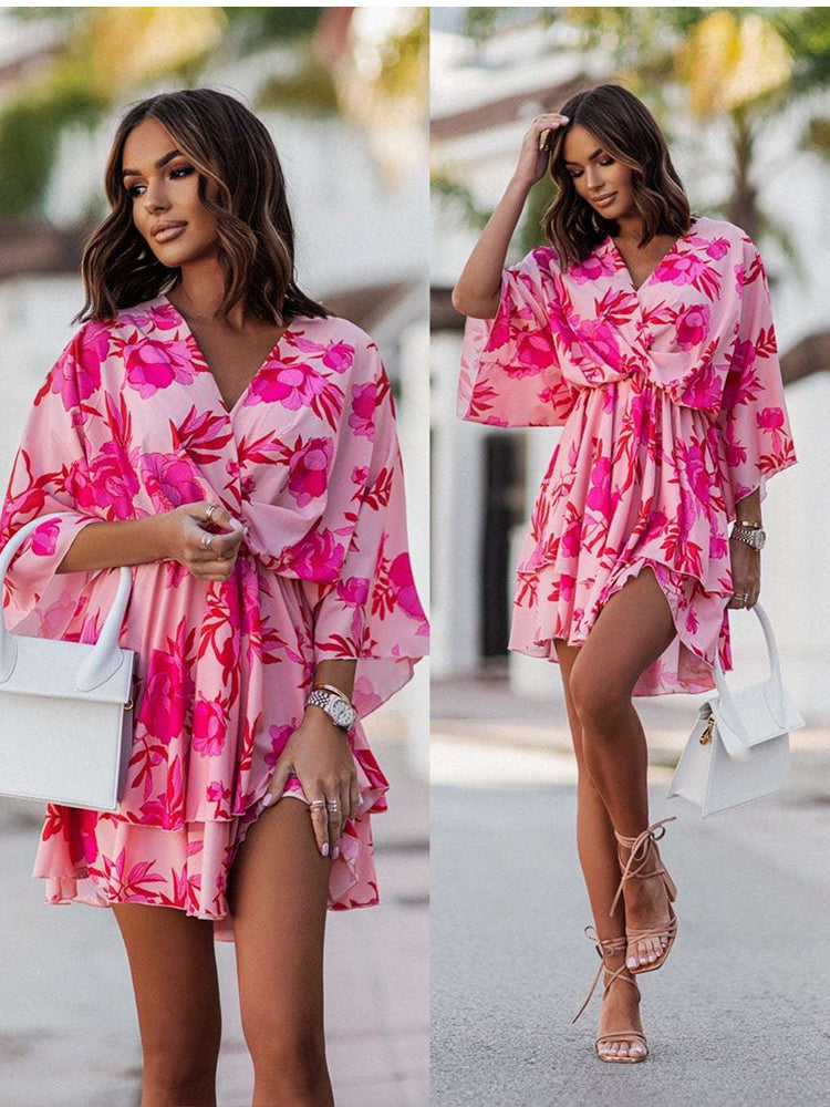 V-neck Batwing Sleeve Beach Party Mini Dress