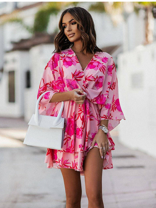 V-neck Batwing Sleeve Beach Party Mini Dress