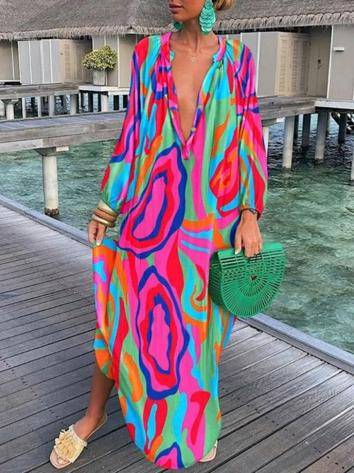 Women Boho Print Beach Cover Up 2023 Summer Sexy Deep V-neck Long