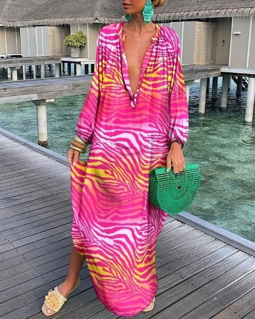 Women Boho Print Beach Cover Up 2023 Summer Sexy Deep V-neck Long