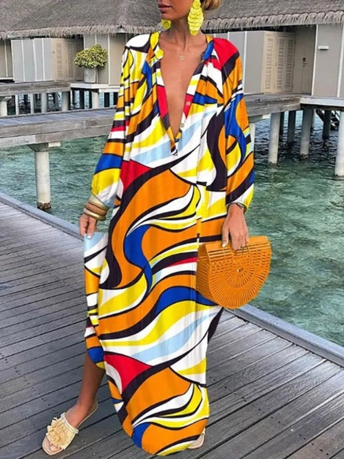 Women Boho Print Beach Cover Up 2023 Summer Sexy Deep V-neck Long