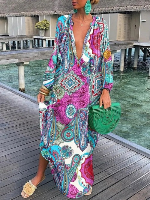 Women Boho Print Beach Cover Up 2023 Summer Sexy Deep V-neck Long