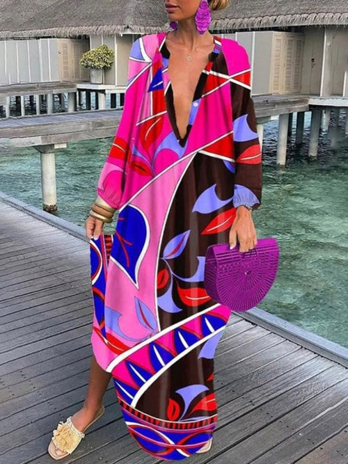 Women Boho Print Beach Cover Up 2023 Summer Sexy Deep V-neck Long