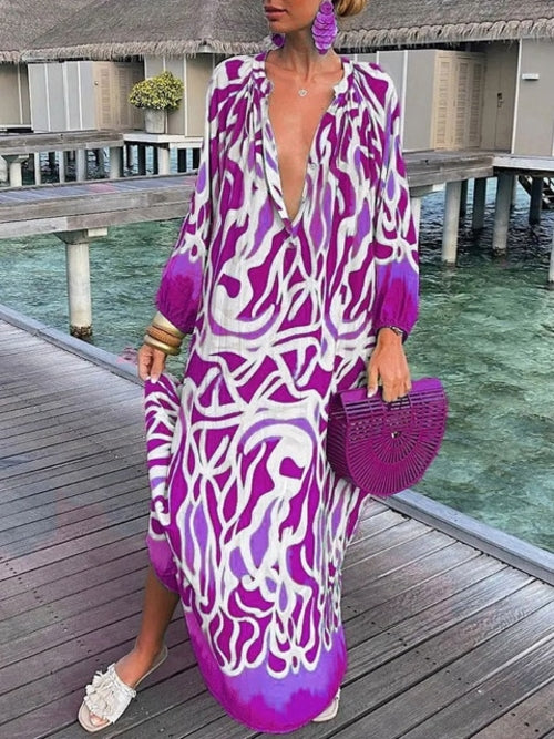 Women Boho Print Beach Cover Up 2023 Summer Sexy Deep V-neck Long