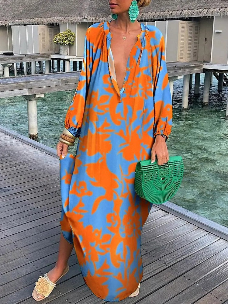 Women Boho Print Beach Cover Up 2023 Summer Sexy Deep V-neck Long