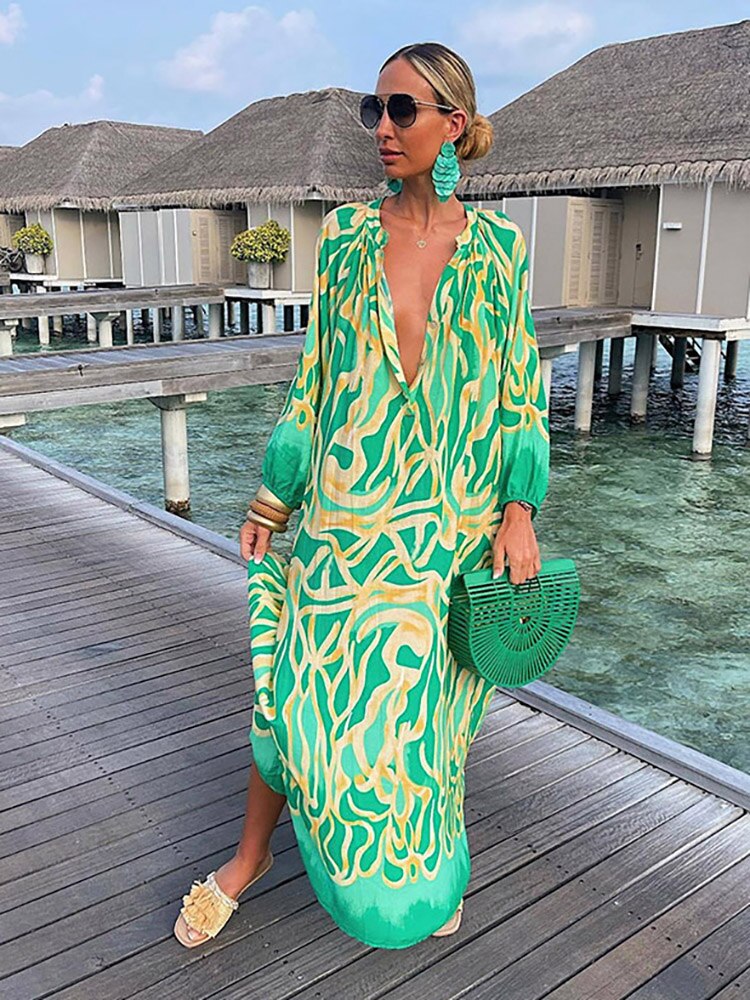 Women Boho Print Beach Cover Up 2023 Summer Sexy Deep V-neck Long