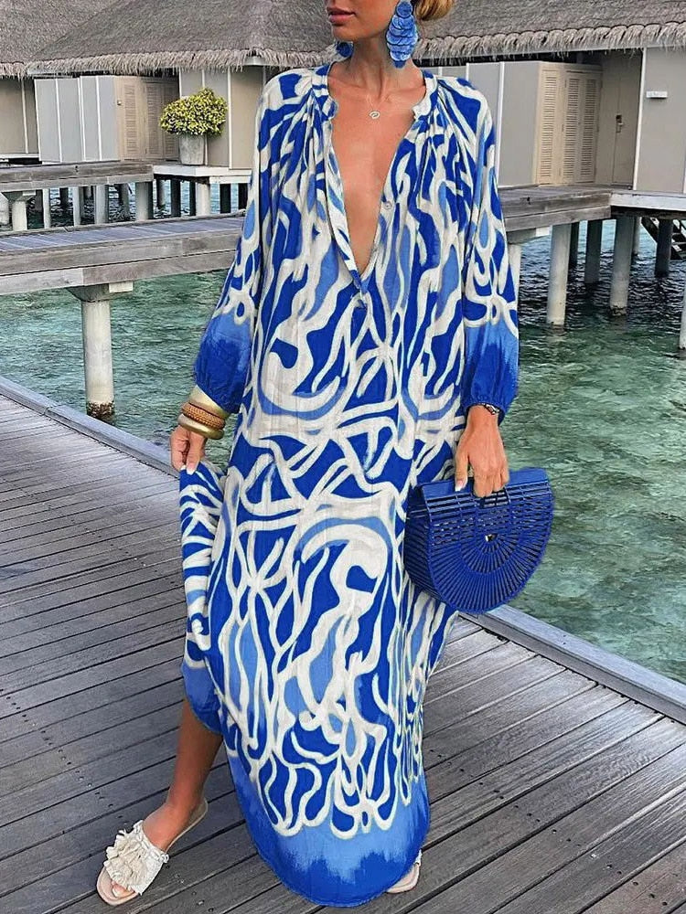 Women Boho Print Beach Cover Up 2023 Summer Sexy Deep V-neck Long